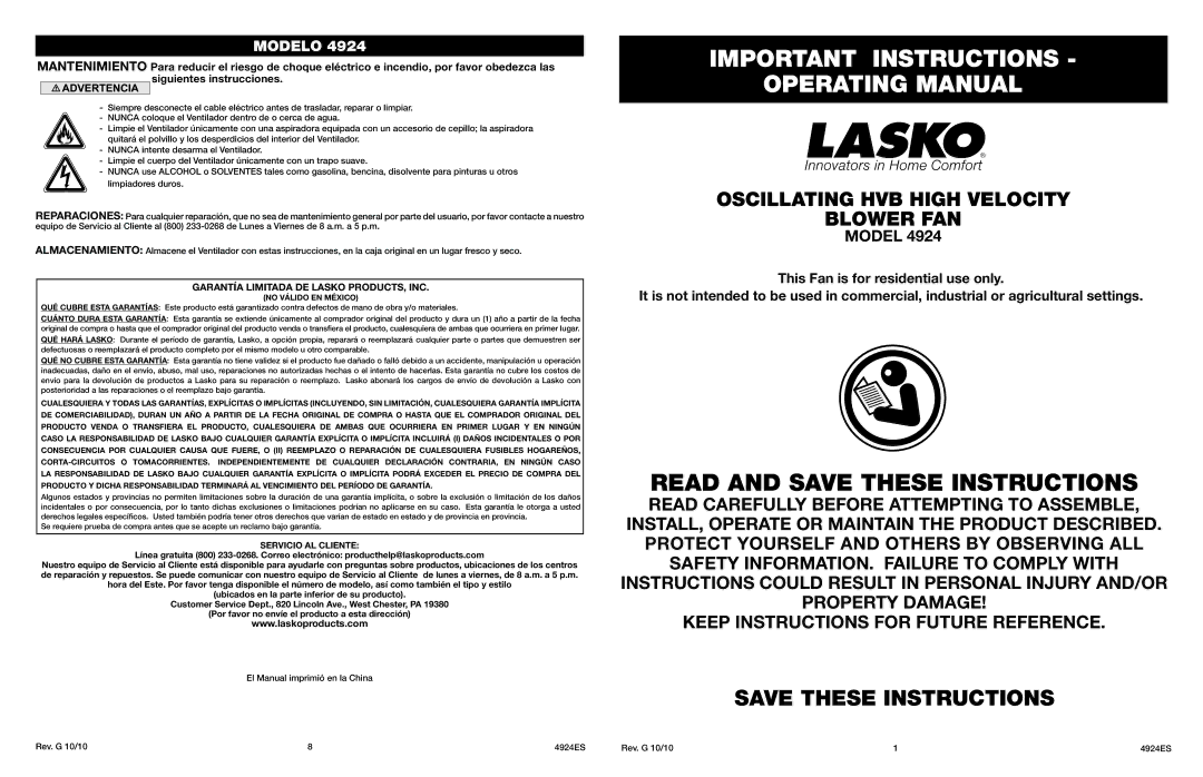 Lasko 4924 manual Important Instructions Operating Manual, Oscillating HVB High Velocity Blower FAN, Servicio AL Cliente 