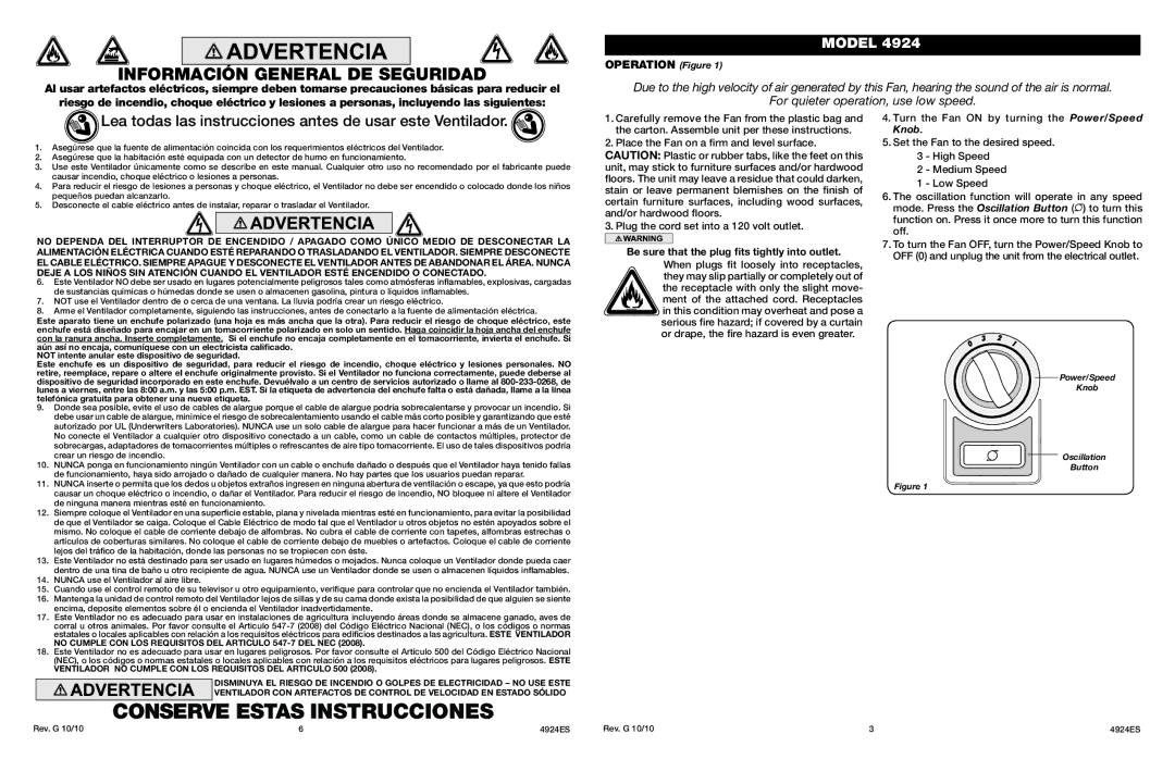 Lasko 4924 manual Conserve Estas Instrucciones, Información General DE Seguridad 