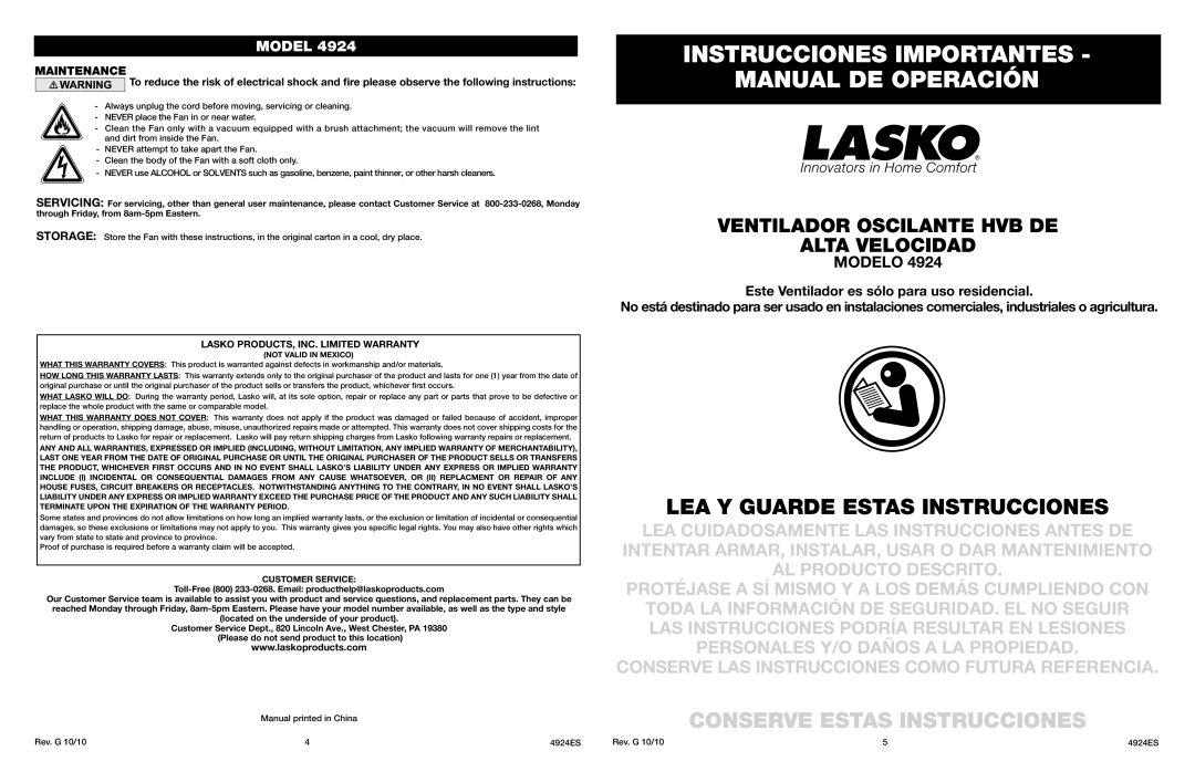 Lasko 4924 manual Instrucciones Importantes Manual DE Operación, LEA Y Guarde Estas Instrucciones, Customer Service 