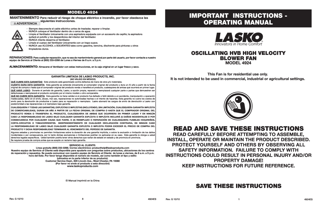 Lasko 4924 manual Important Instructions Operating Manual, Read And Save These Instructions, Modelo 
