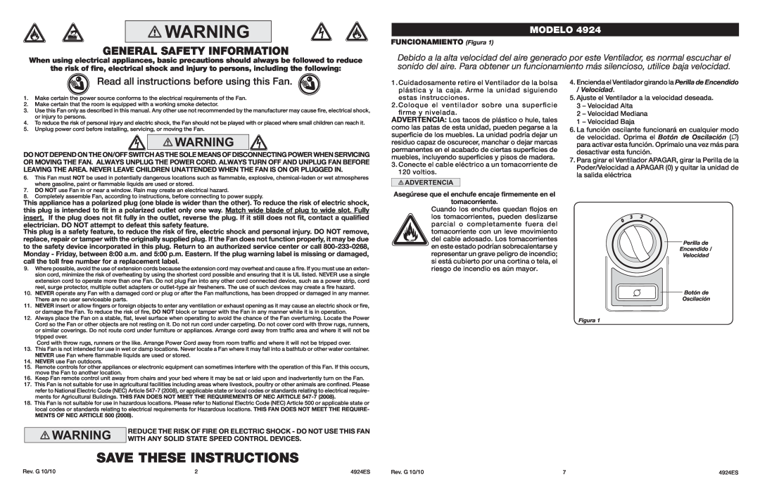 Lasko 4924 Save These Instructions, General Safety Information, Read all instructions before using this Fan, Modelo 