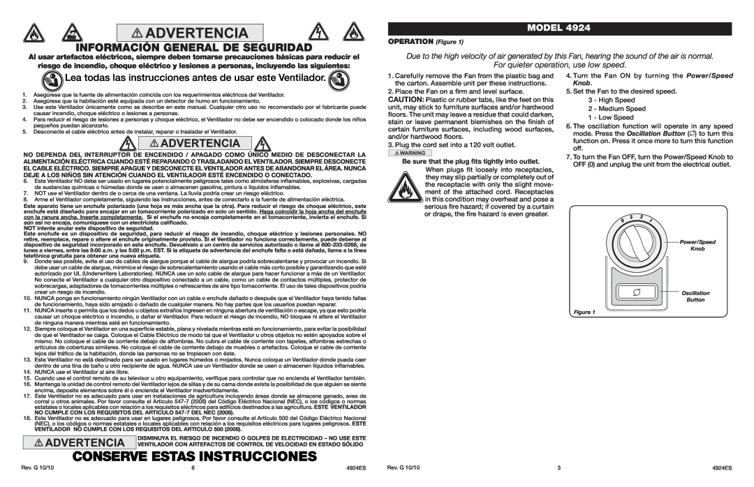 Lasko 4924 manual Conserve Estas Instrucciones, Lea todas las instrucciones antes de usar este Ventilador, Model 