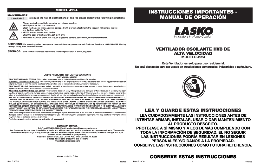 Lasko 4924 Instrucciones Importantes Manual De Operación, Lea Y Guarde Estas Instrucciones, Conserve Estas Instrucciones 