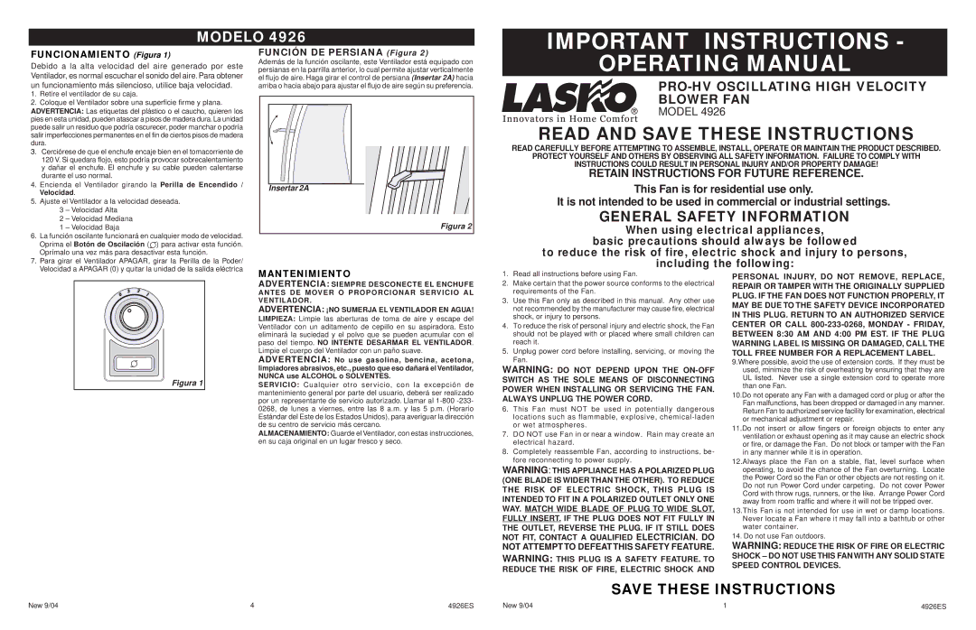 Lasko 4926 manual Important Instructions, Operating Manual, General Safety Information, Función DE Persiana Figura 