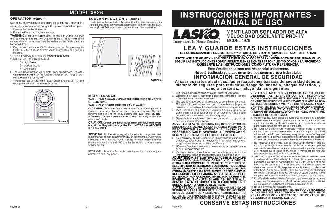 Lasko 4926 manual Instrucciones Importantes, Manual DE USO, Información General DE Seguridad, Conserve Estas Instrucciones 