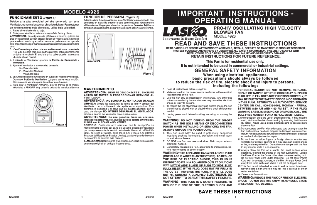Lasko 4926 manual Important Instructions, Operating Manual, Read And Save These Instructions, Modelo, Mantenimiento 