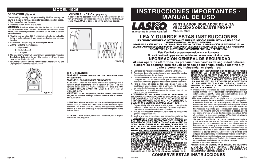Lasko 4926 Instrucciones Importantes, Manual De Uso, Lea Y Guarde Estas Instrucciones, Model, Conserve Estas Instrucciones 