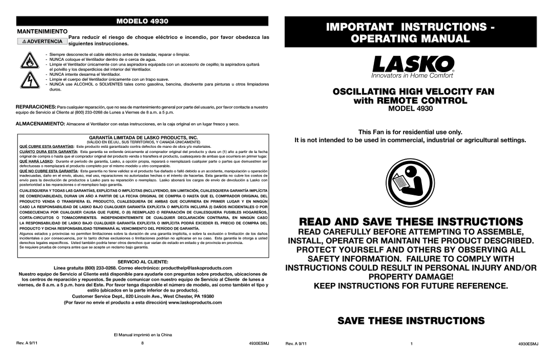 Lasko 4930 manual Important Instructions Operating Manual, Garantía Limitada DE Lasko PRODUCTS, INC, Servicio AL Cliente 