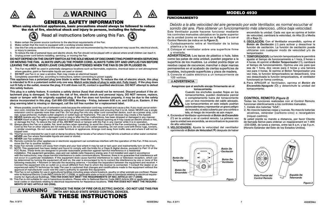 Lasko 4930 manual General Safety Information, Read all instructions before using this Fan 