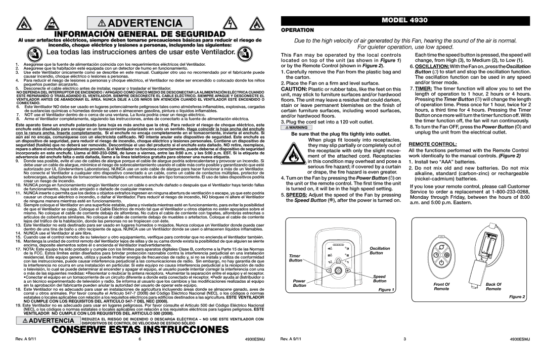 Lasko 4930 manual Conserve Estas Instrucciones, Información General DE Seguridad 