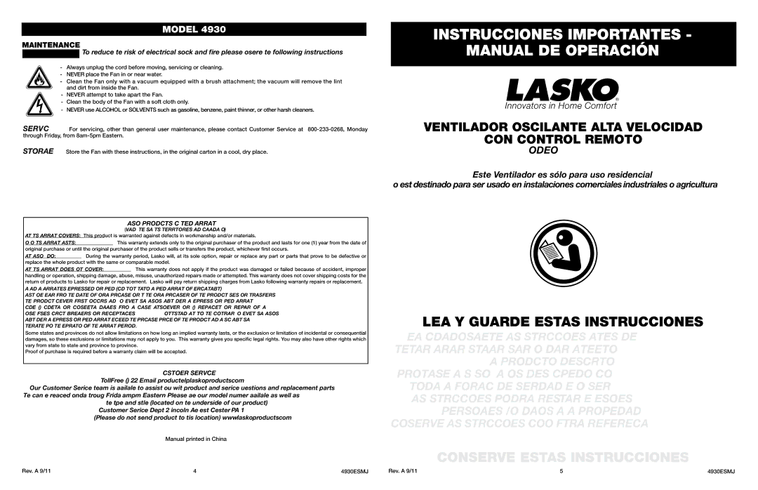 Lasko 4930 manual Instrucciones Importantes Manual DE Operación, LEA Y Guarde Estas Instrucciones, Customer Service 