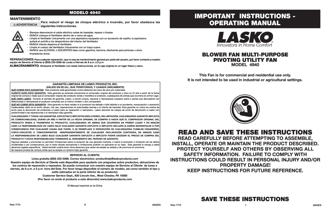 Lasko 4940 manual Important Instructions Operating Manual, Read And Save These Instructions, Modelo, Mantenimiento 