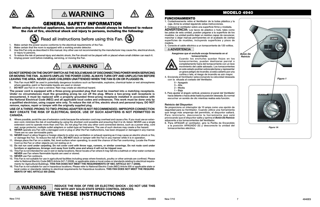 Lasko 4940 manual Save These Instructions, General Safety Information, Read all instructions before using this Fan, Modelo 