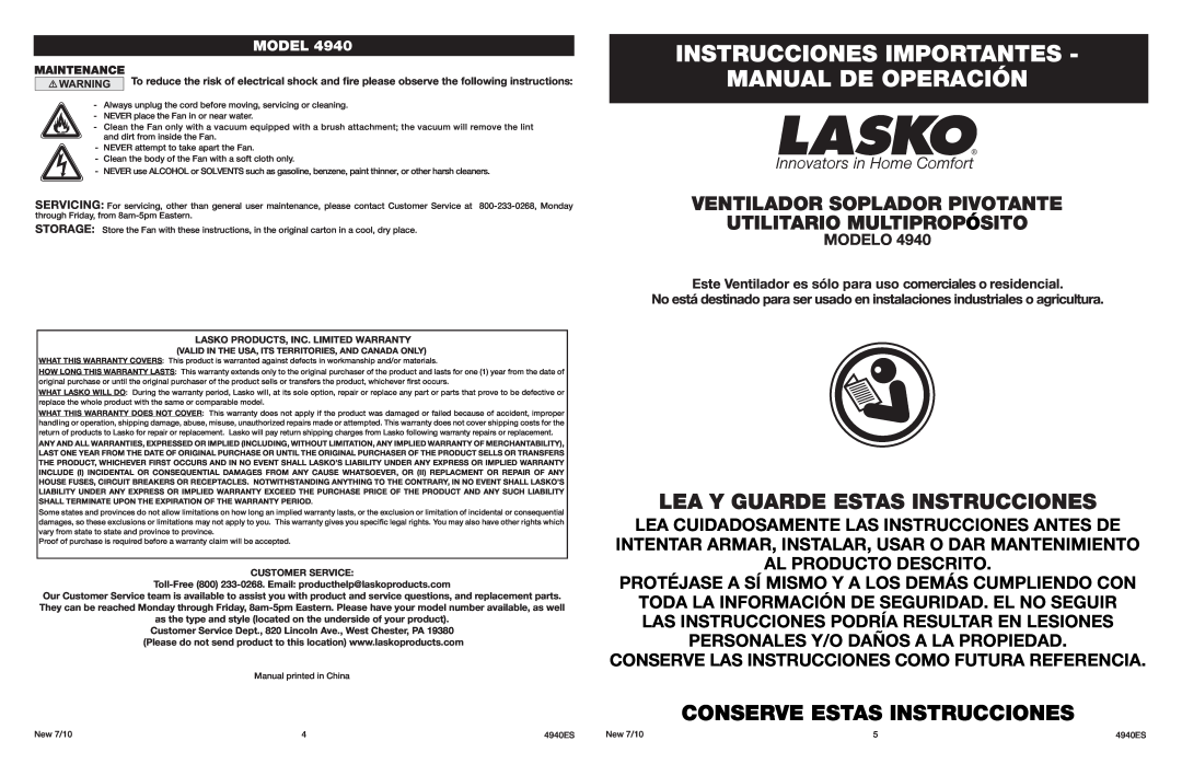 Lasko 4940 Instrucciones Importantes Manual De Operación, Lea Y Guarde Estas Instrucciones, Conserve Estas Instrucciones 
