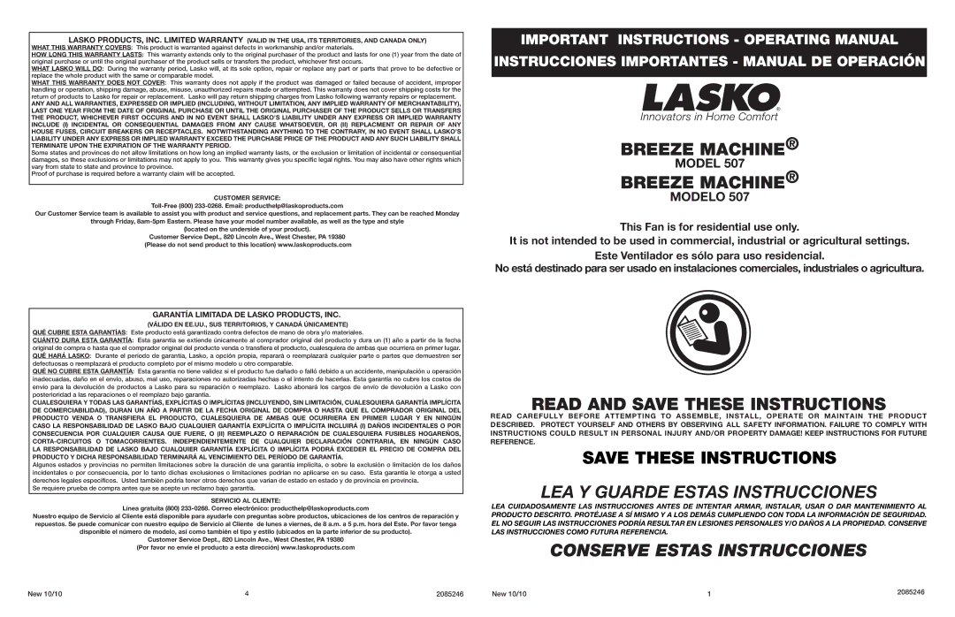 Lasko 507 warranty LEA Y Guarde Estas Instrucciones, Conserve Estas Instrucciones, Modelo 