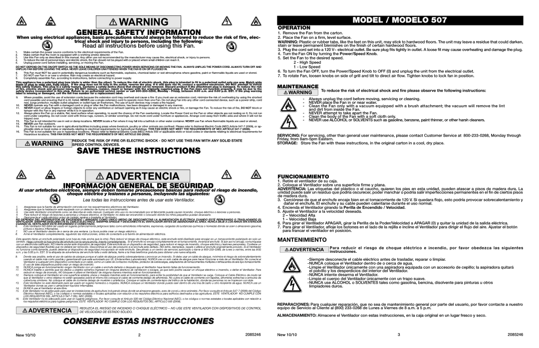 Lasko 507 warranty Información General DE Seguridad, Operation, Maintenance, Funcionamiento 