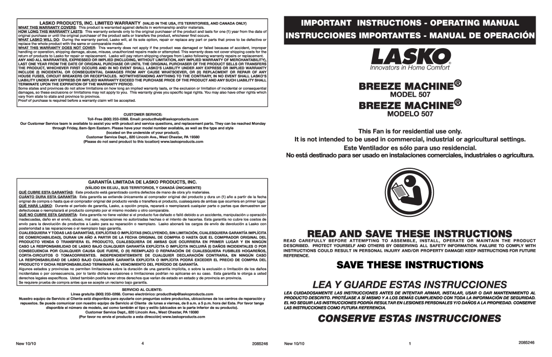 Lasko 507 warranty Important Instructions - Operating Manual, Instrucciones Importantes - Manual De Operación, Model 