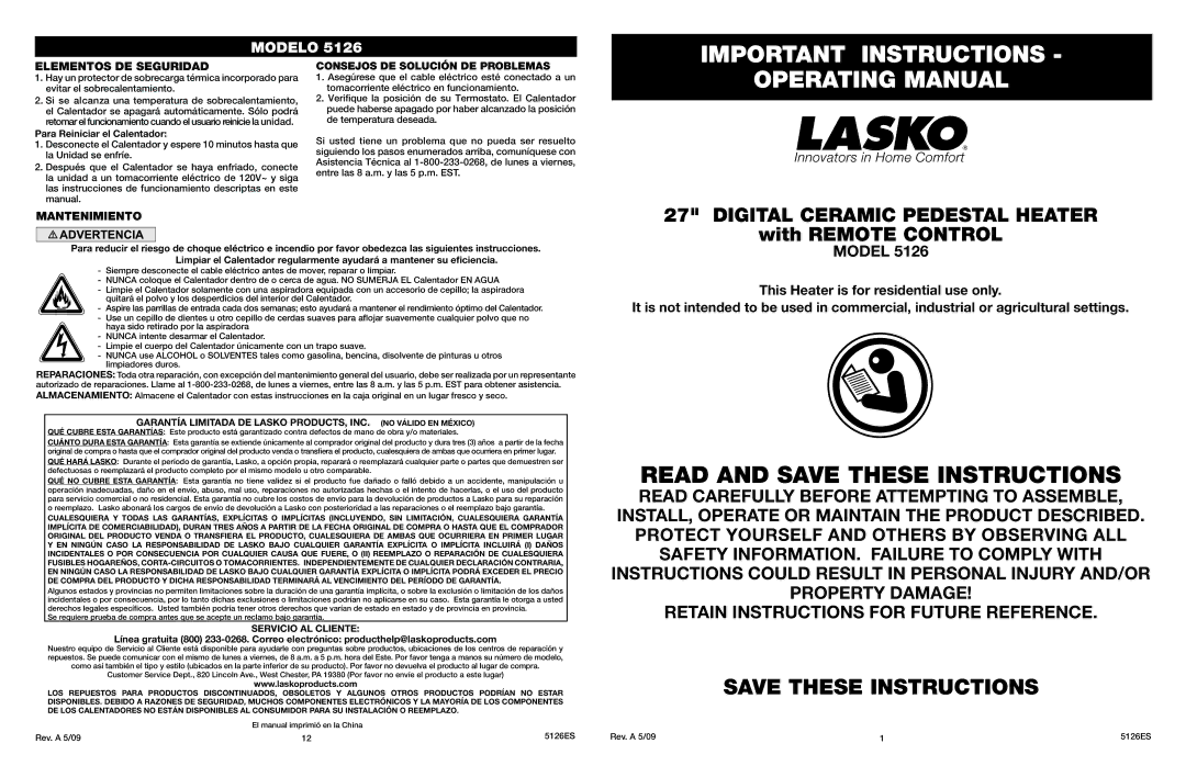 Lasko 5126 manual Important Instructions, Operating Manual, Elementos DE Seguridad, Mantenimiento, Servicio AL Cliente 