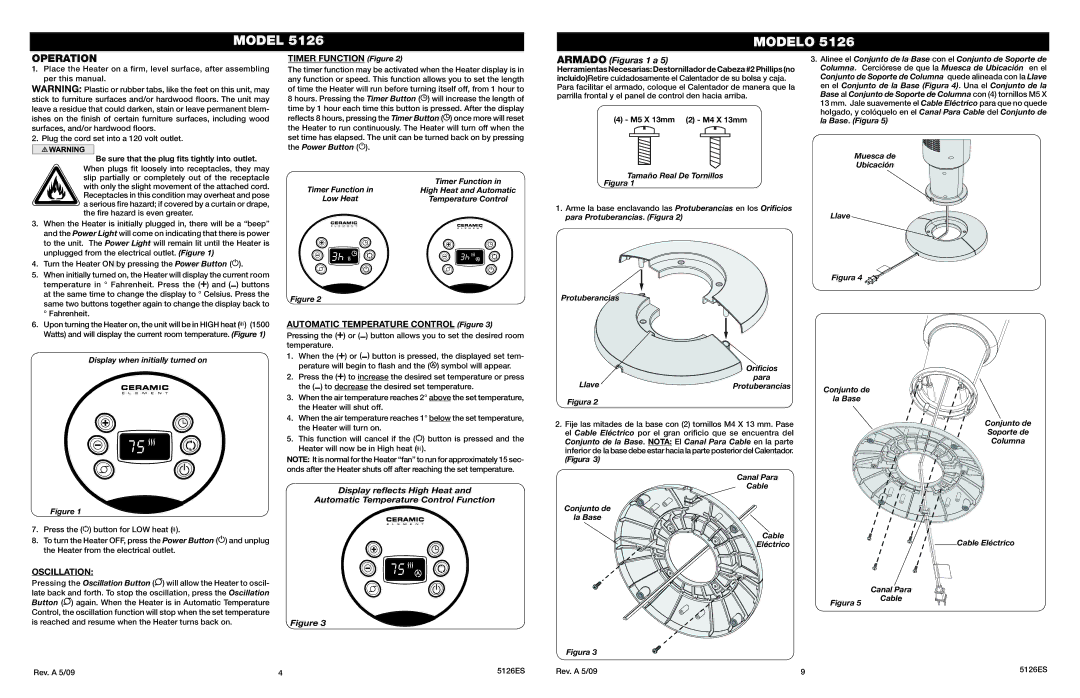 Lasko 5126 manual Operation, Oscillation, Timer Function Figure, Automatic Temperature Control Figure 