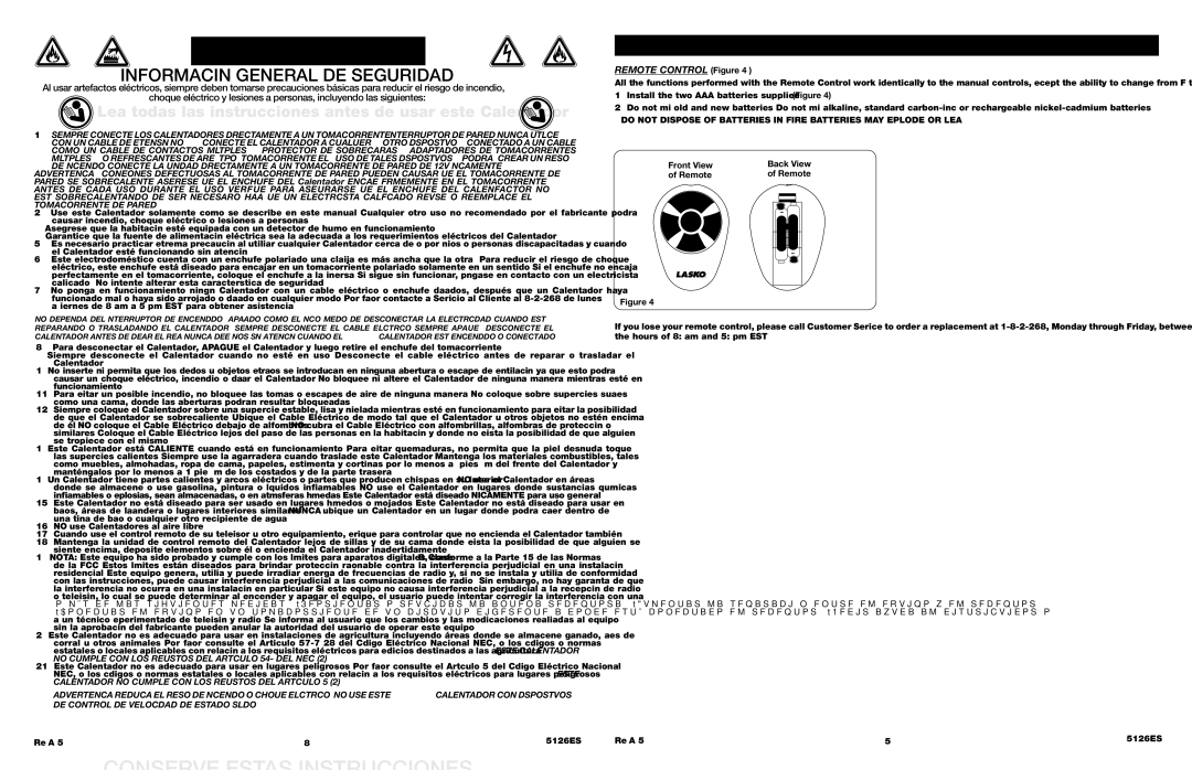 Lasko 5126 Información General DE Seguridad, Lea todas las instrucciones antes de usar este Calentador, Front View, Remote 