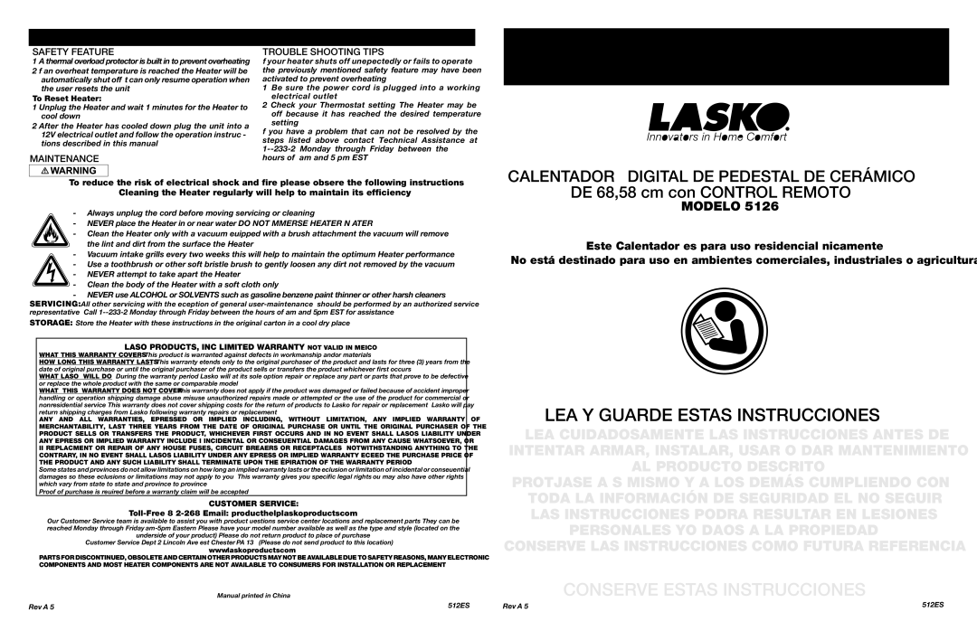 Lasko 5126 Instrucciones Importantes, Manual DE USO, Safety Feature, Maintenance Trouble Shooting Tips, Customer Service 