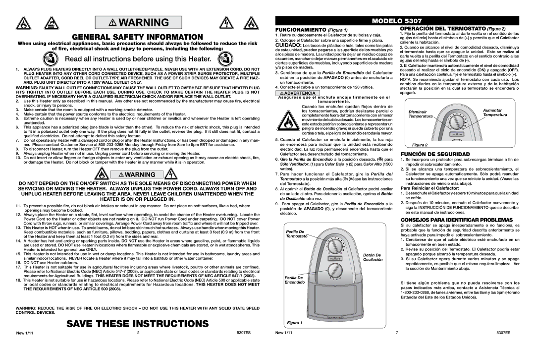 Lasko 5307 manual Funcionamiento Figura, Operación DEL Termostato Figura, Función DE Seguridad 