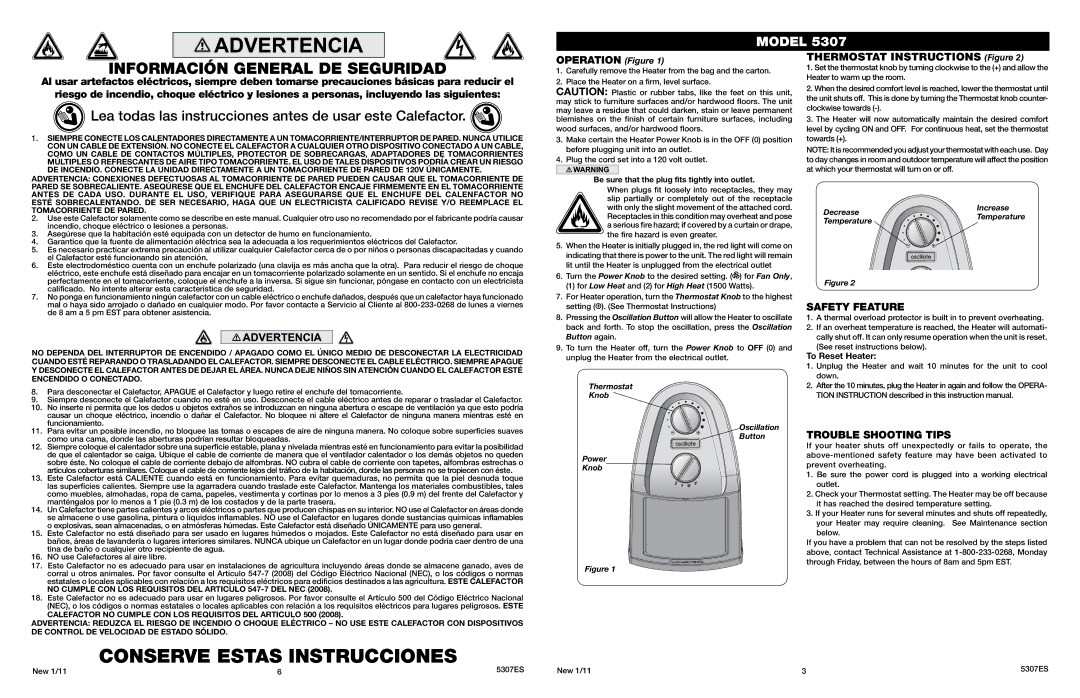 Lasko 5307 manual Operation Figure, Thermostat Instructions Figure, Safety Feature, Trouble Shooting Tips 