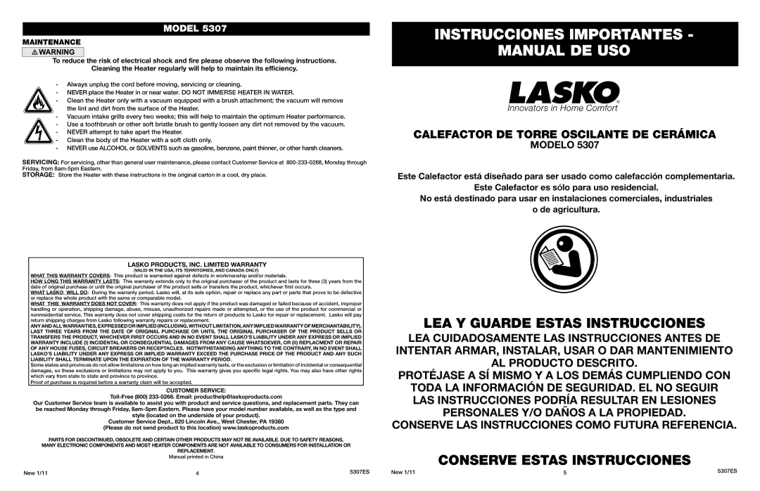 Lasko 5307 manual Maintenance,  LASKO PRODUCTS, INC. Limited Warranty 