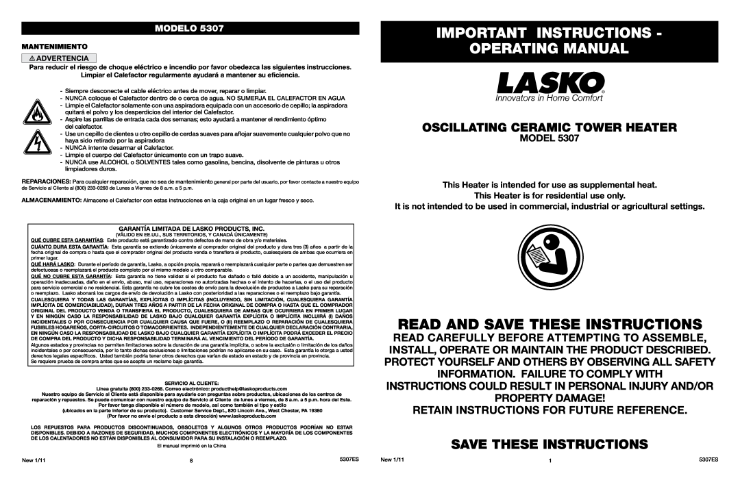 Lasko 5307 manual Important Instructions Operating Manual, Save These Instructions, Modelo, Mantenimiento 