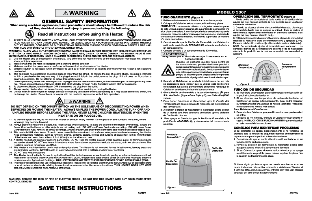 Lasko 5307 manual General Safety Information, Read all instructions before using this Heater, FUNCIONAMIENTO Figura, Modelo 