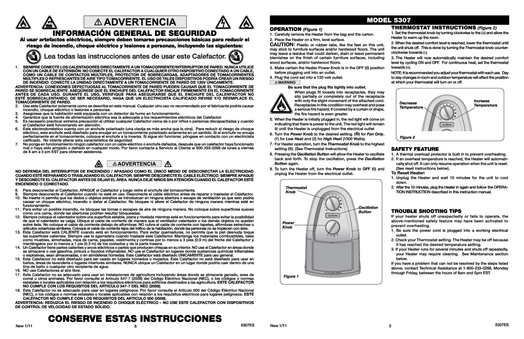 Lasko 5307 manual Conserve Estas Instrucciones, Información General De Seguridad, Model, OPERATION Figure, Safety Feature 