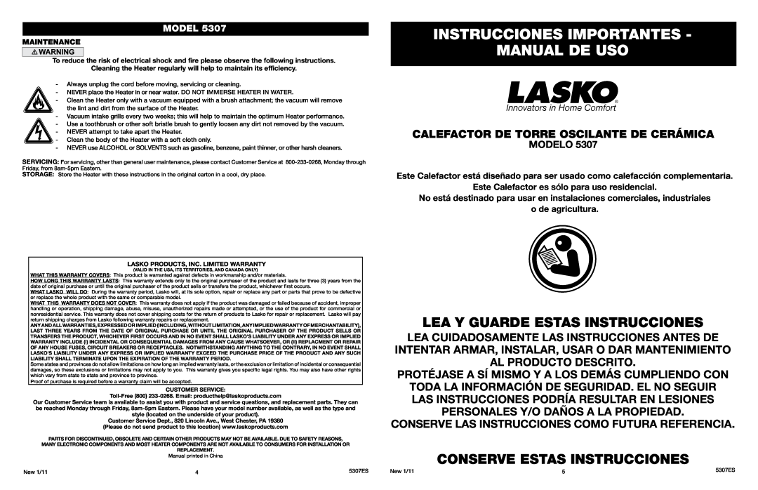 Lasko 5307 manual Instrucciones Importantes Manual De Uso, Lea Y Guarde Estas Instrucciones, Modelo, o de agricultura 