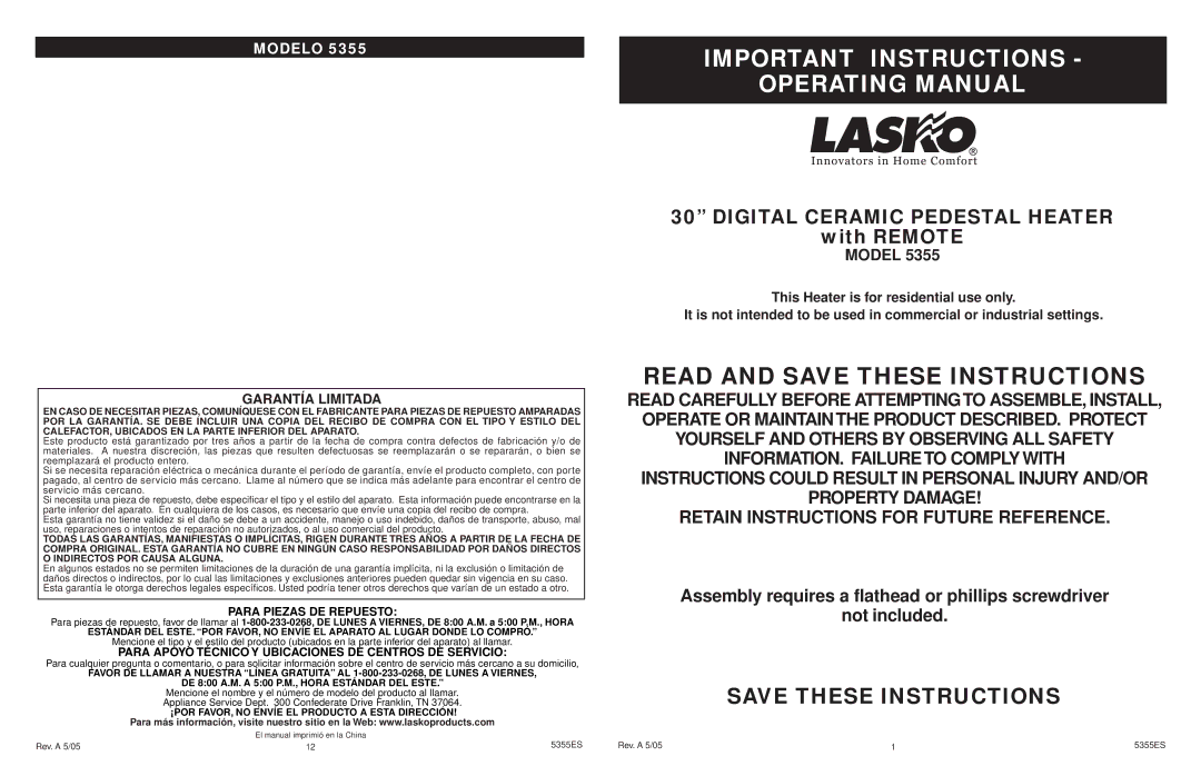 Lasko 5355 manual Important Instructions Operating Manual, Para Piezas DE Repuesto 