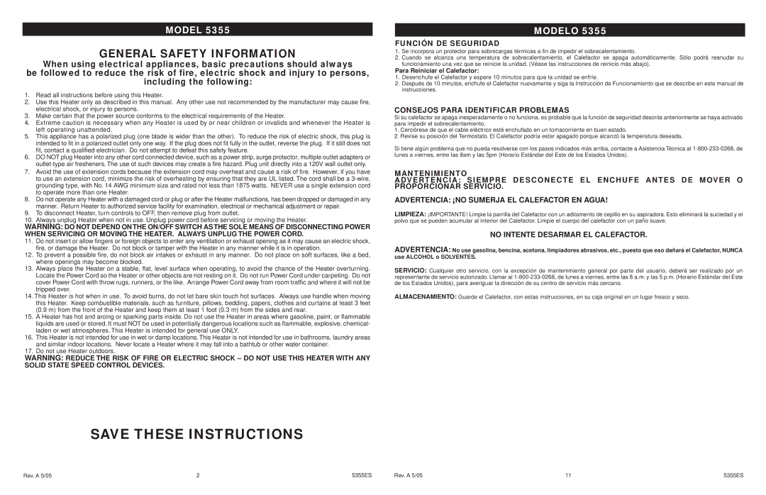 Lasko 5355 manual General Safety Information, Función DE Seguridad, Consejos Para Identificar Problemas 