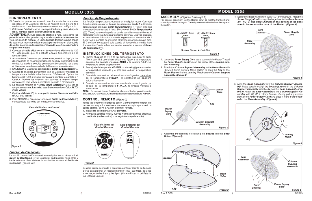 Lasko 5355 manual Funcionamiento, Instrucciones DEL Termostato, Assembly Figures 1 through 