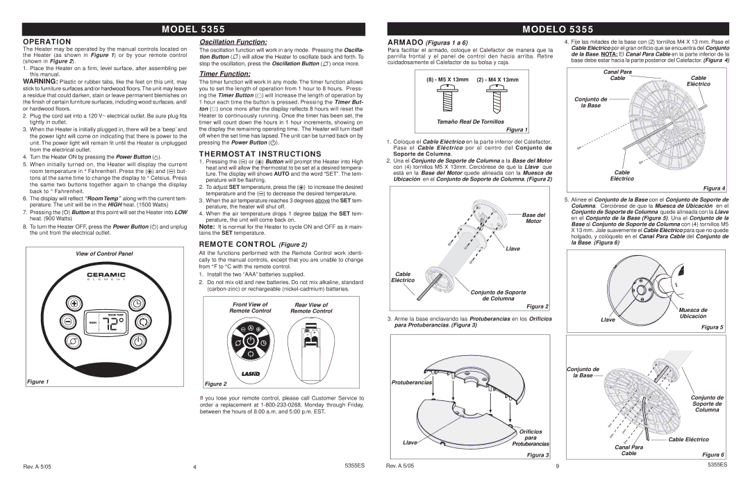 Lasko 5355 manual Operation, Thermostat Instructions, Armado Figuras 1 a 