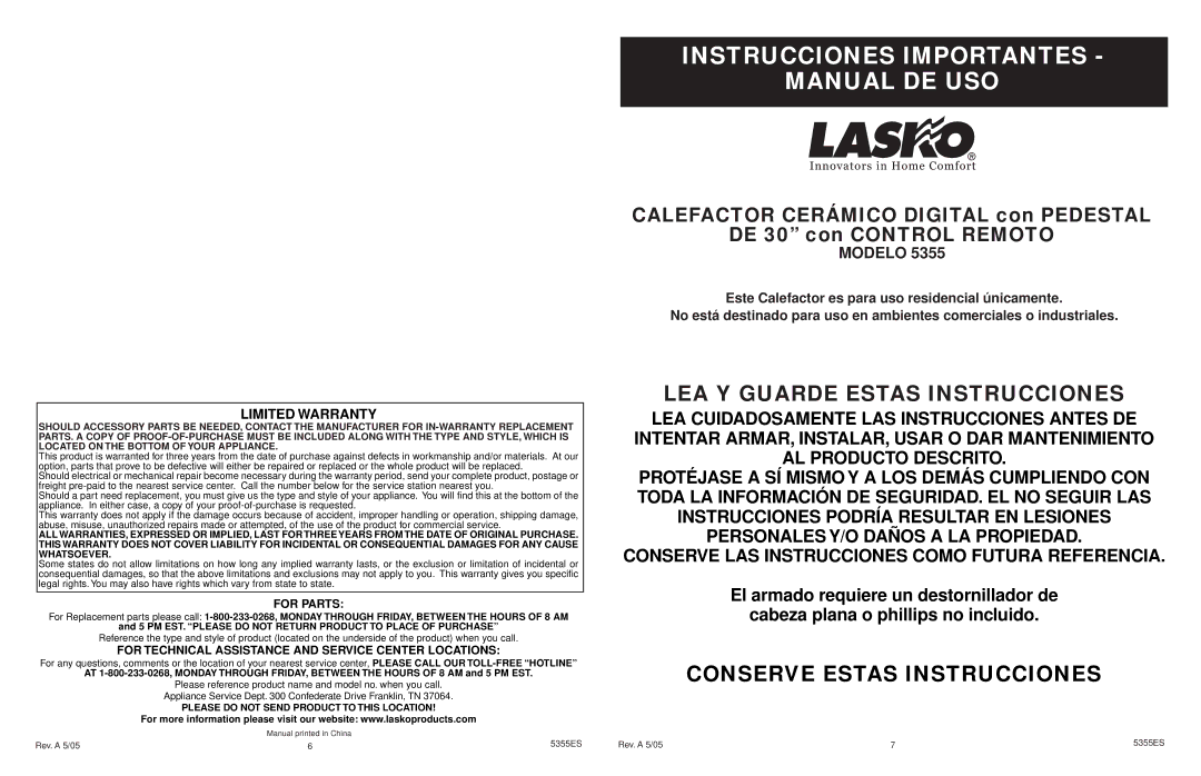 Lasko 5355 manual Instrucciones Importantes Manual DE USO, For Parts, For Technical Assistance and Service Center Locations 