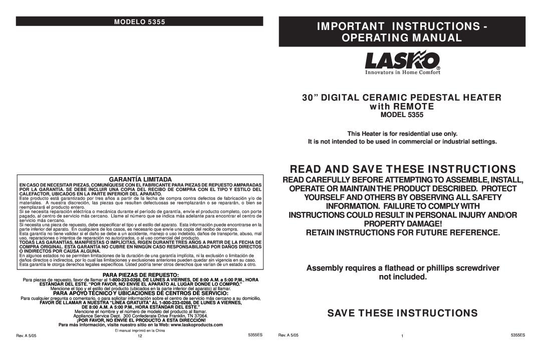 Lasko 5355 manual Important Instructions Operating Manual, Save These Instructions, Modelo, Garantía Limitada 