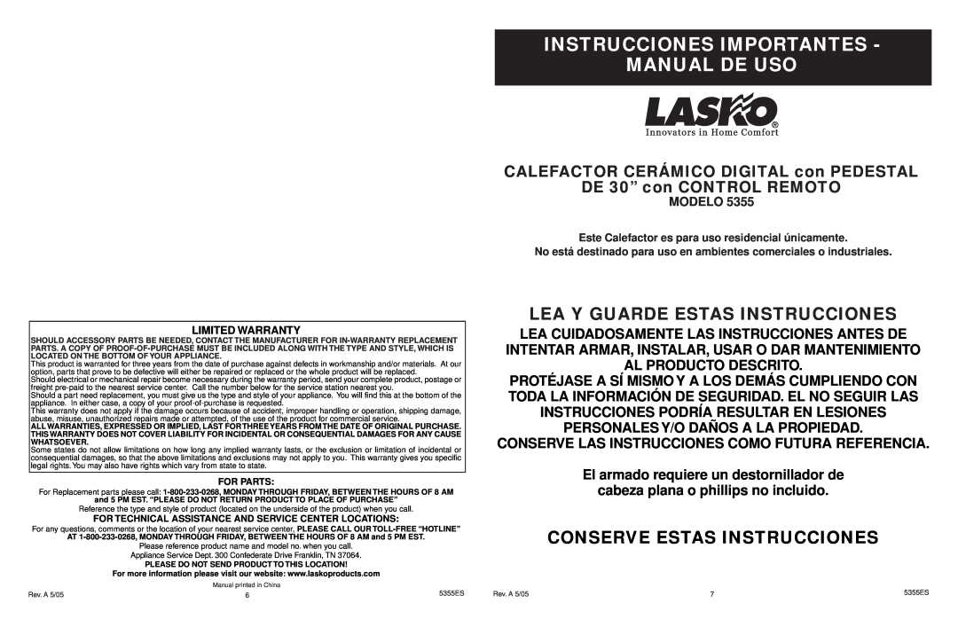 Lasko 5355 Instrucciones Importantes Manual De Uso, Lea Y Guarde Estas Instrucciones, Modelo, For Parts, Limited Warranty 