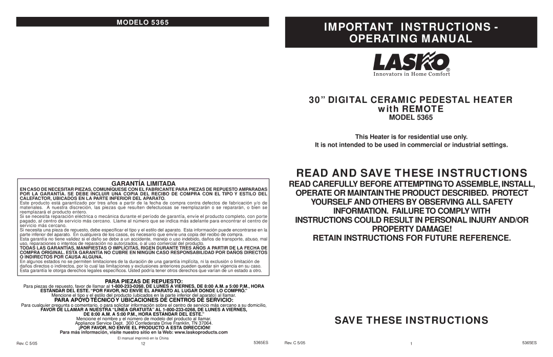 Lasko 5365 manual Important Instructions Operating Manual, Para Piezas DE Repuesto 