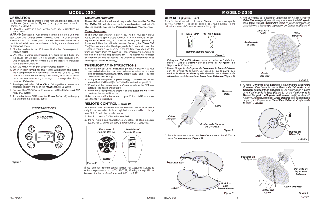 Lasko 5365 manual Operation, Thermostat Instructions, Armado Figuras 1 a 