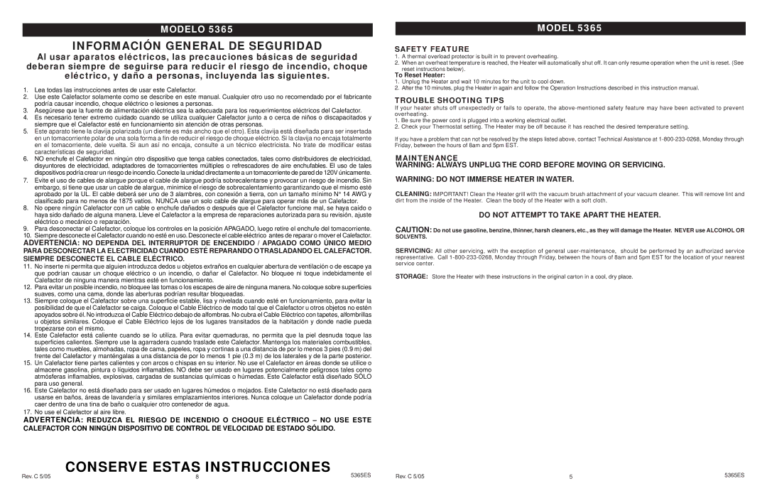 Lasko 5365 manual Información General DE Seguridad, Safety Feature, Trouble Shooting Tips, Maintenance 