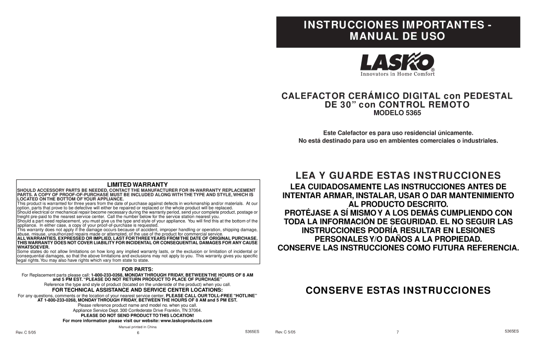 Lasko 5365 manual Instrucciones Importantes Manual DE USO, For Parts, For Technical Assistance and Service Center Locations 