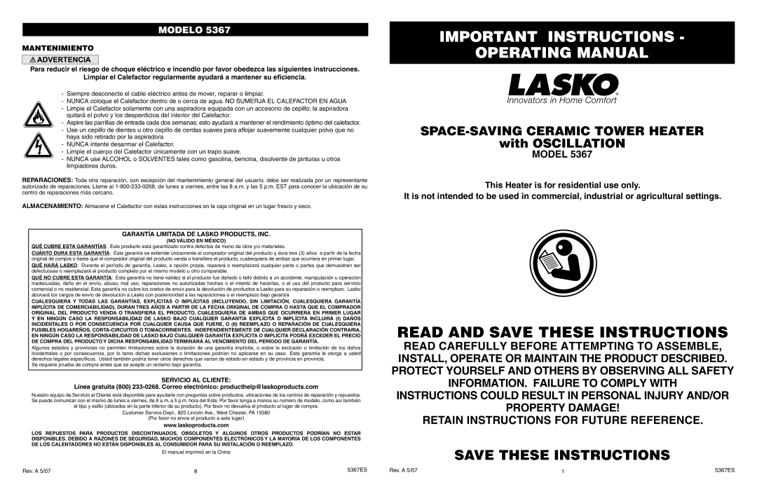 Lasko 5367 manual Mantenimiento, Garantía Limitada DE Lasko PRODUCTS, INC, Servicio AL Cliente 