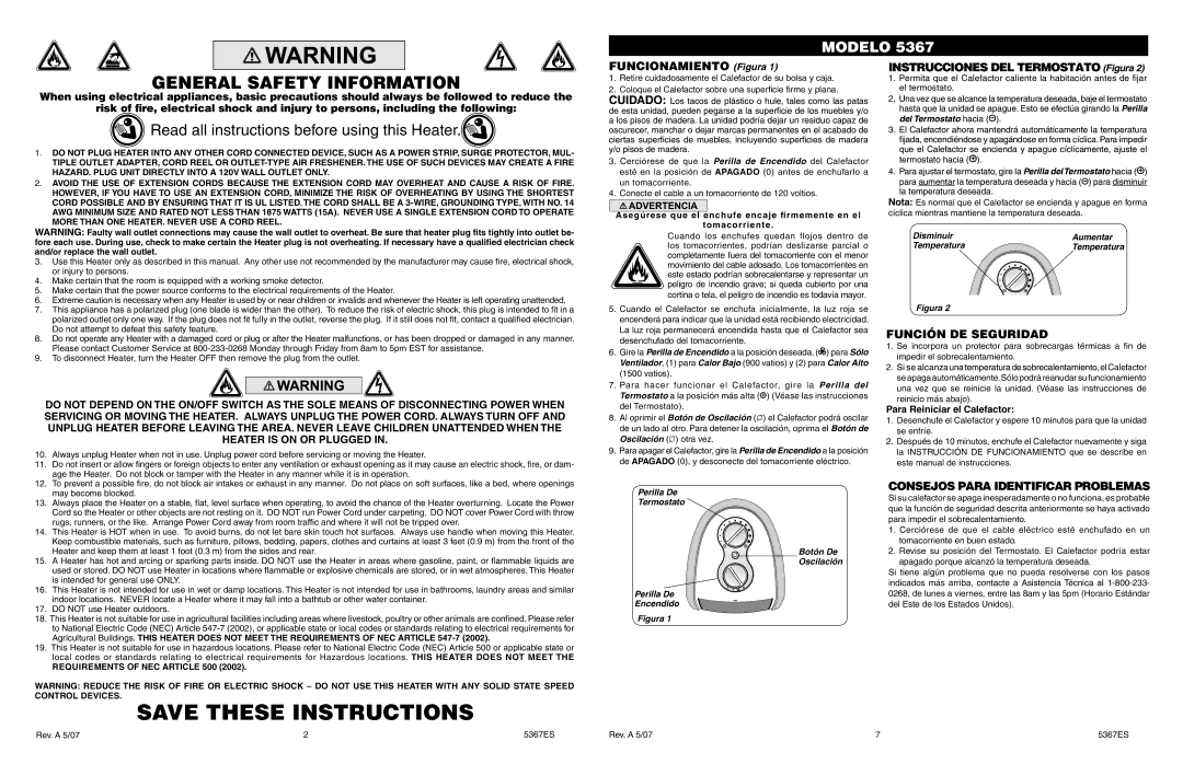 Lasko 5367 General Safety Information, Funcionamiento Figura, Instrucciones DEL Termostato Figura, Función DE Seguridad 