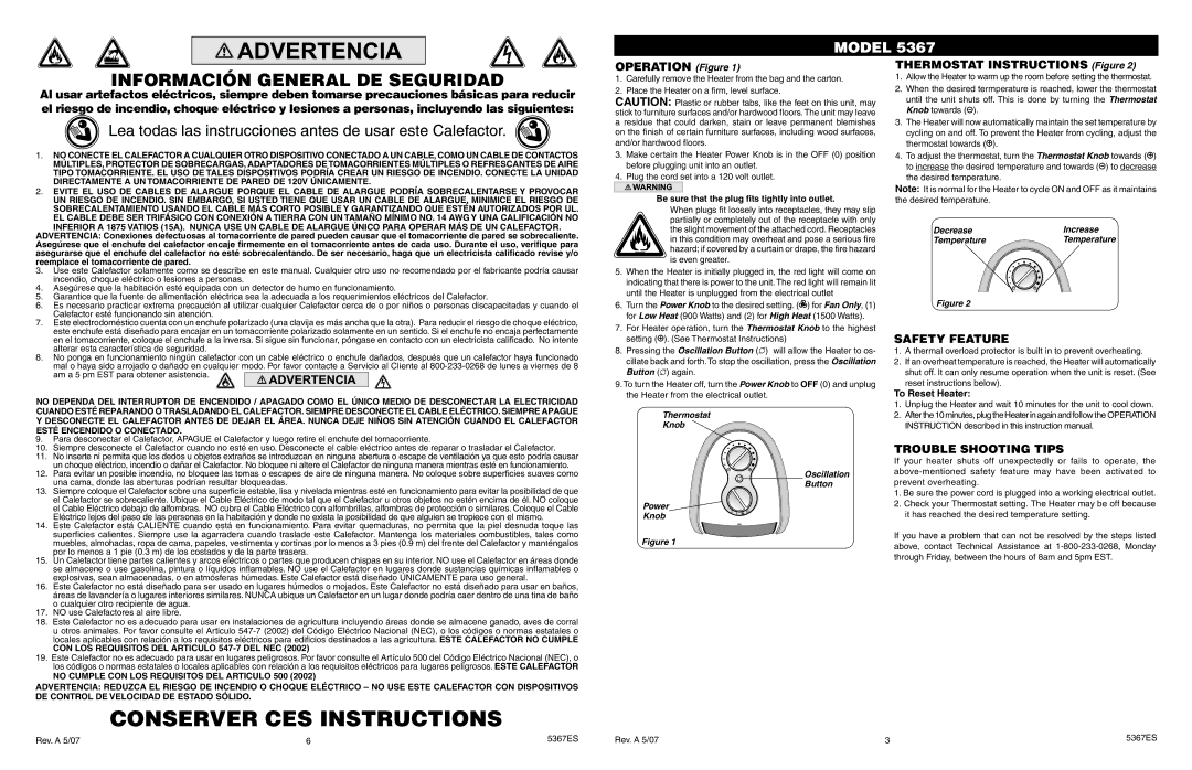 Lasko 5367 manual Información General DE Seguridad, Operation Figure, Thermostat Instructions Figure, Safety Feature 