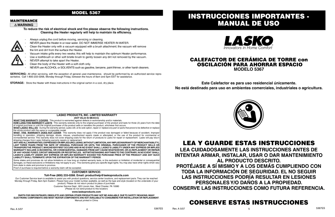 Lasko 5367 manual Oscilación Para Ahorrar Espacio, Maintenance, Lasko PRODUCTS, INC. Limited Warranty, Customer Service 