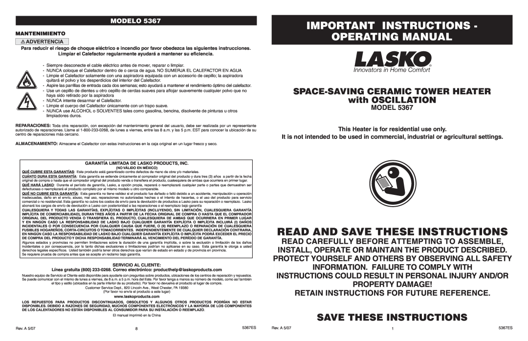Lasko 5367 manual Important Instructions Operating Manual, Save These Instructions, Information. Failure To Comply With 