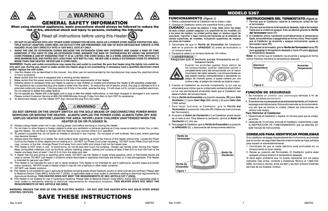 Lasko 5367 manual General Safety Information, Read all instructions before using this Heater, FUNCIONAMIENTO Figura, Modelo 