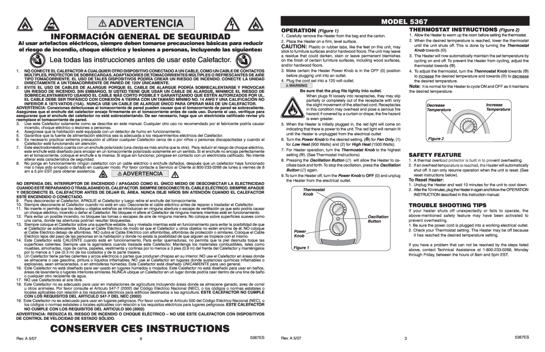 Lasko 5367 manual Conserver Ces Instructions, Información General De Seguridad, Model, OPERATION Figure, Safety Feature 